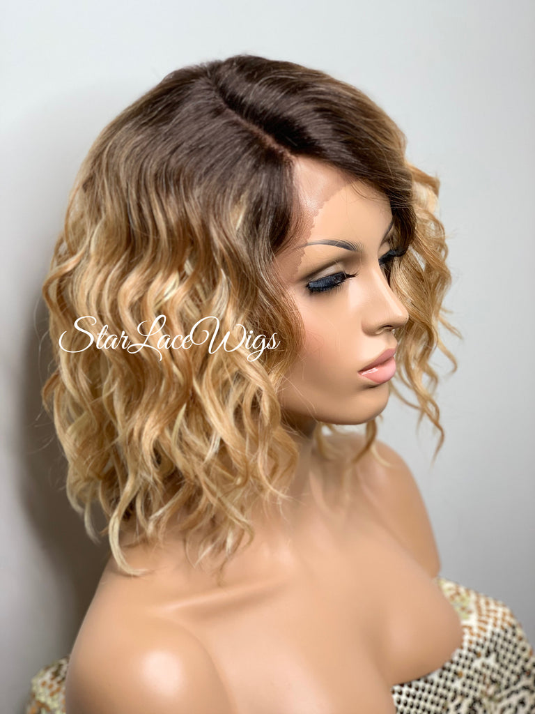 Lace Front Wig Short Wavy Honey Blonde Synthetic Bob Brown Roots - Paula