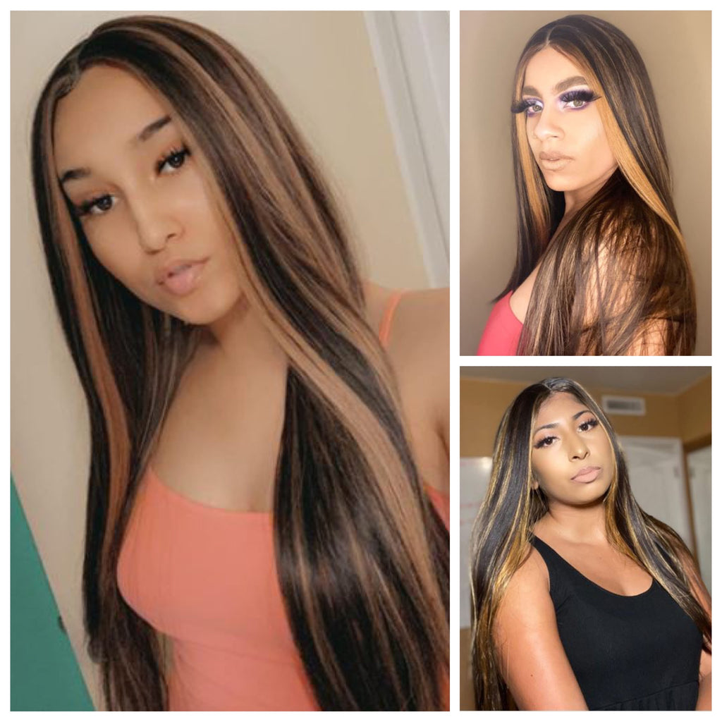 Long Straight Lace Front Wig Dark Brown Middle Part Highlights Synthetic - Mimi