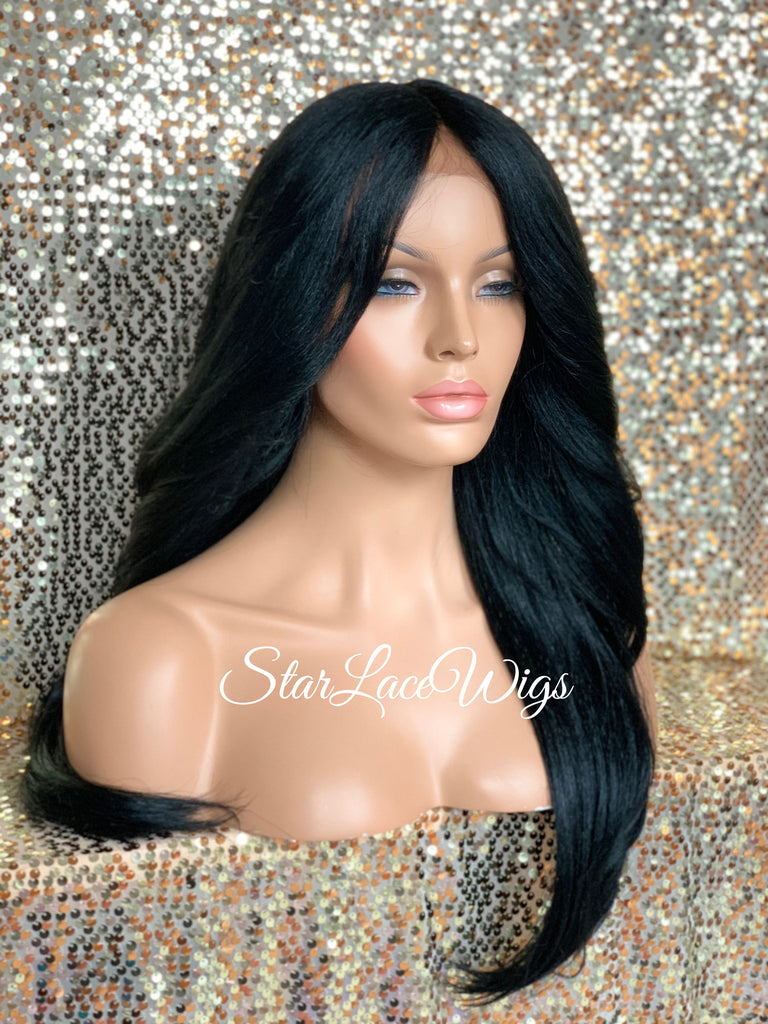 Lace Front Wig Long Synthetic Straight Layers Black Brown Middle Part - Camila