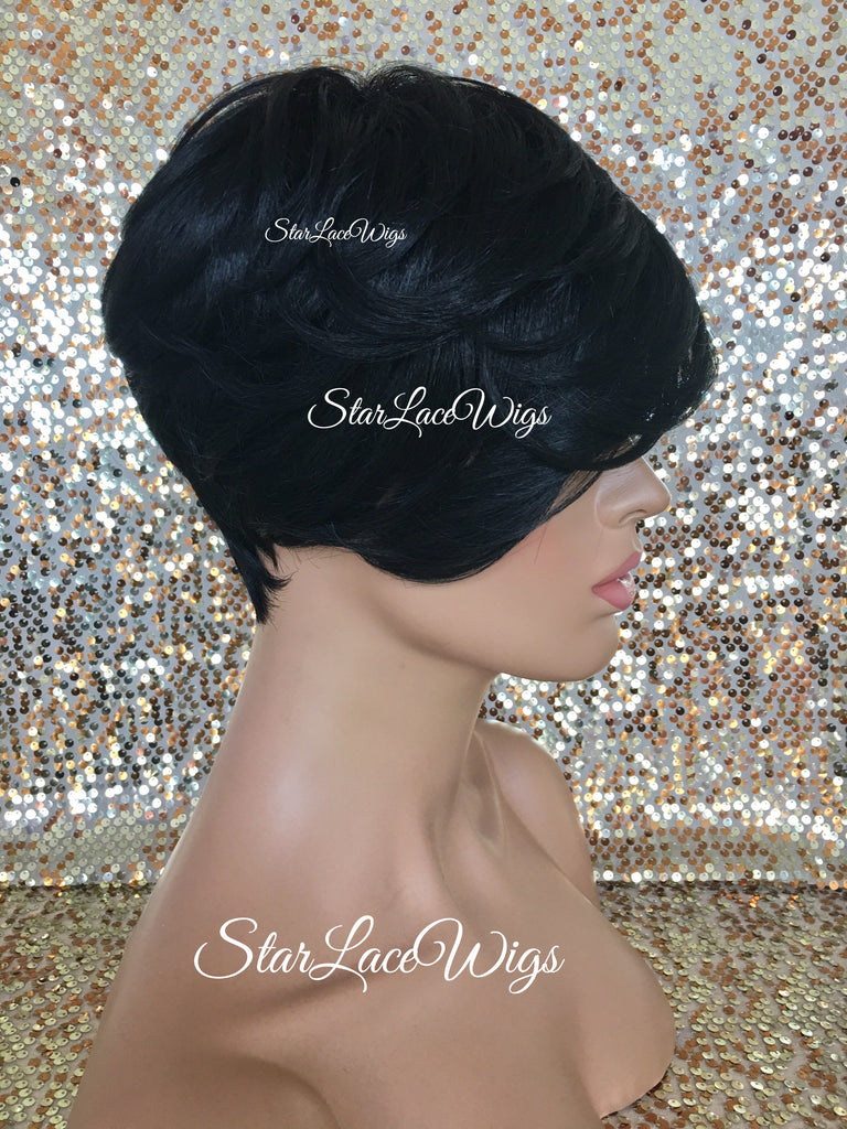 Short Synthetic Wig Black Pixie Bangs - Aubree