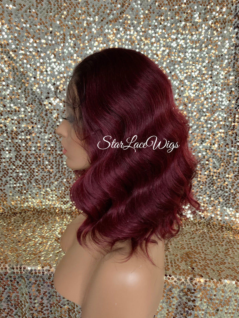 Wavy Lace Front Bob Wig (6x13) Parting Space Burgundy Dark Roots - Tera