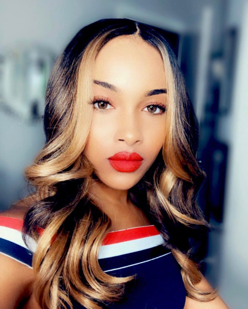 Long Loose Curly Wig Brown Dark Roots Blonde Highlights Middle Part Synthetic - Marcy