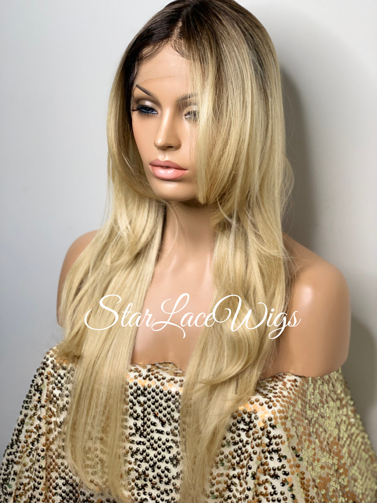 Long Blonde Straight Synthetic Lace Front Wig Dark Roots Layers - Amy