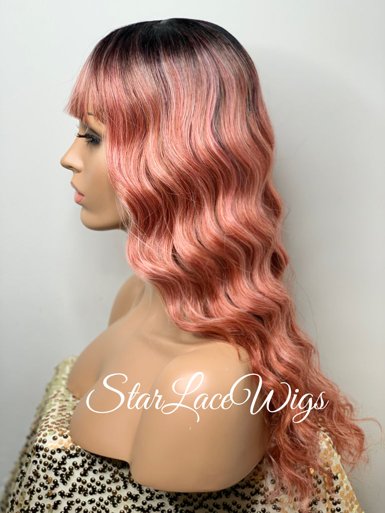 Long Pink Full Wig with Bangs Synthetic Wavy Dark Roots - Cadence