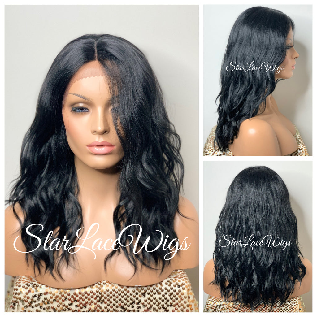 Lace Front Wig Synthetic Wavy Black Brown Middle Part - Aubrey