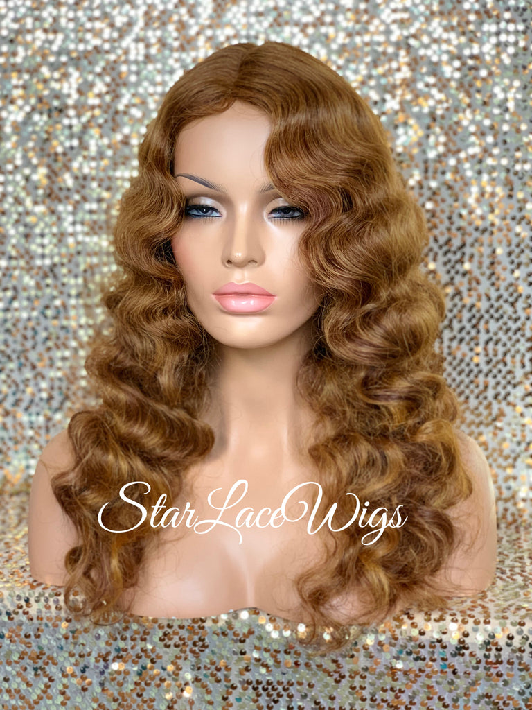 Long Light Golden Brown Body Wave Wig Middle Part Synthetic - DeeDee