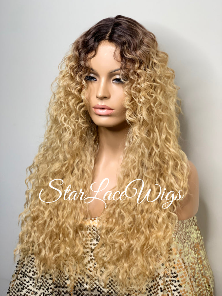 Long Full Wig Synthetic Curly Golden Blonde Dark Roots Middle Part Bangs - Harley