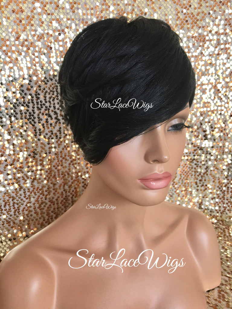 Short Synthetic Wig Black Pixie Bangs - Aubree