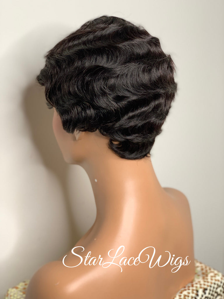 Short Curly Wig Human Hair Black Brown Side Part Wavy Finger Waves - Sylvia