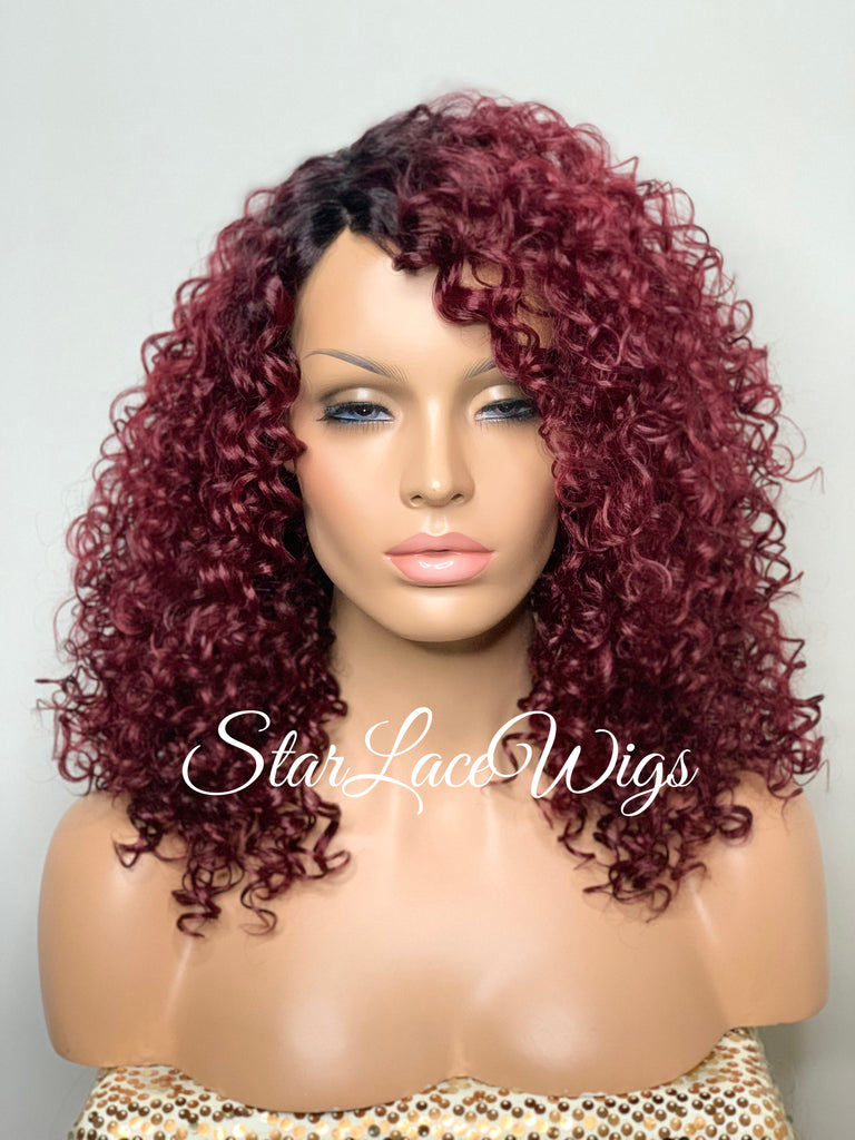 Synthetic Curly Full Wig Burgundy Dark Roots Shoulder Length - Cintia