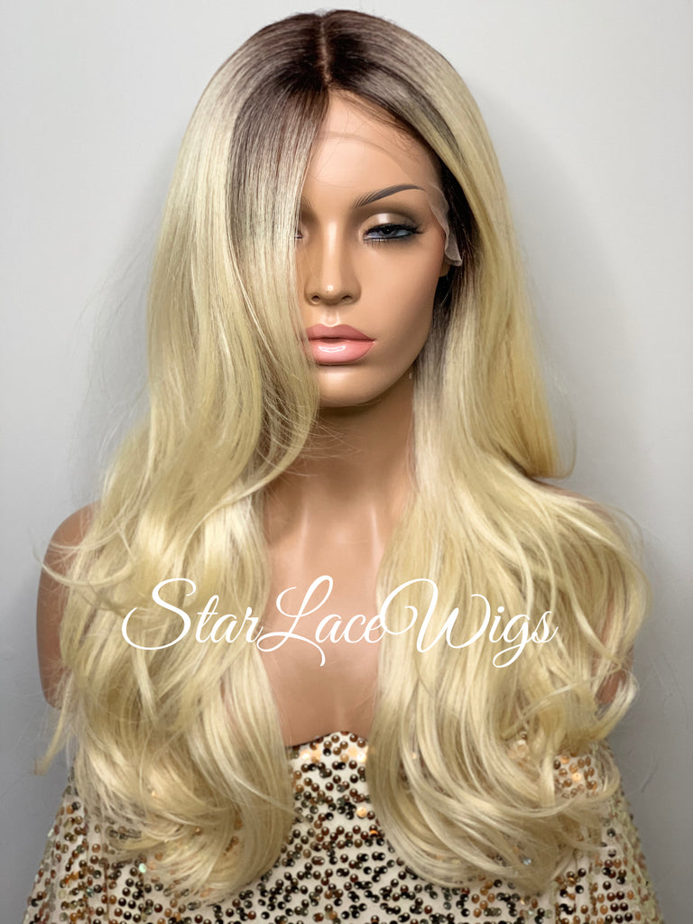Long Blonde Curly Synthetic Lace Front Wig Dark Roots - Nicole