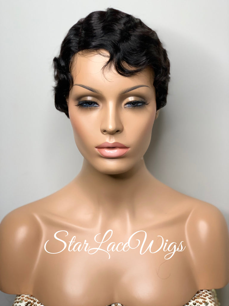 Short Curly Wig Human Hair Black Brown Side Part Wavy Finger Waves - Sylvia