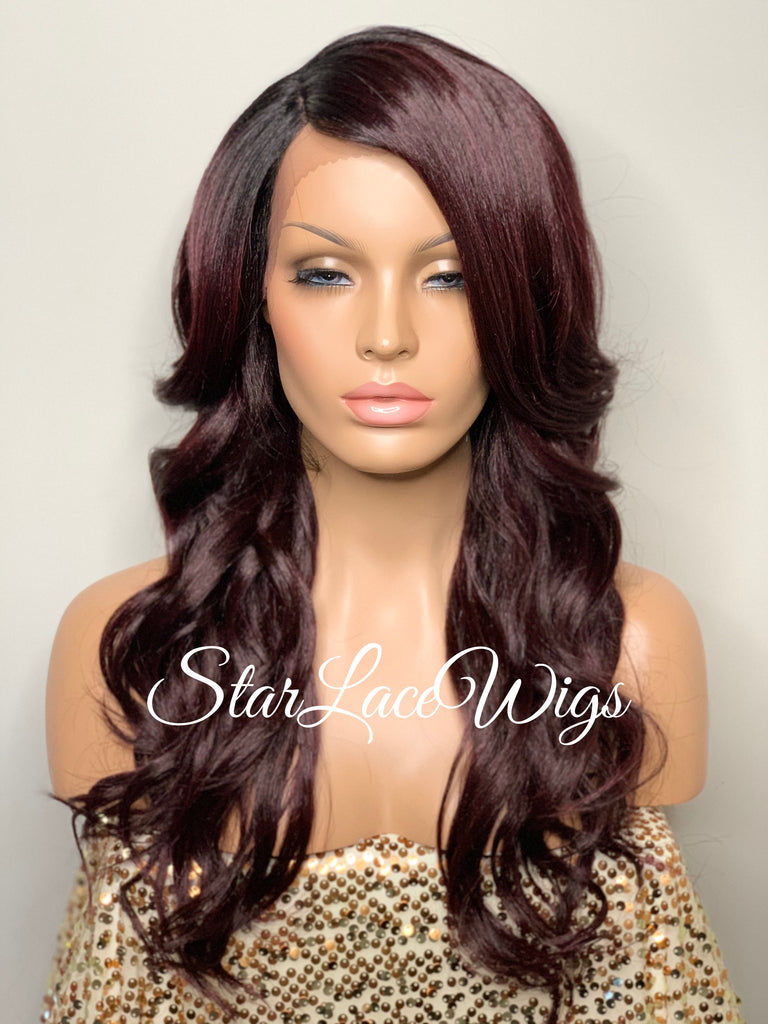 Lace Front Wig Synthetic Dark Burgundy Long Loose Curly Layers - Tara