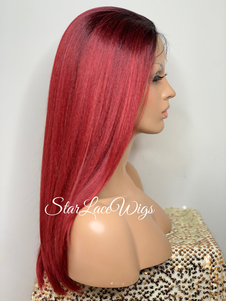 Long Straight Red Black Roots Lace Front Wig (6x13) Parting Space - Anita