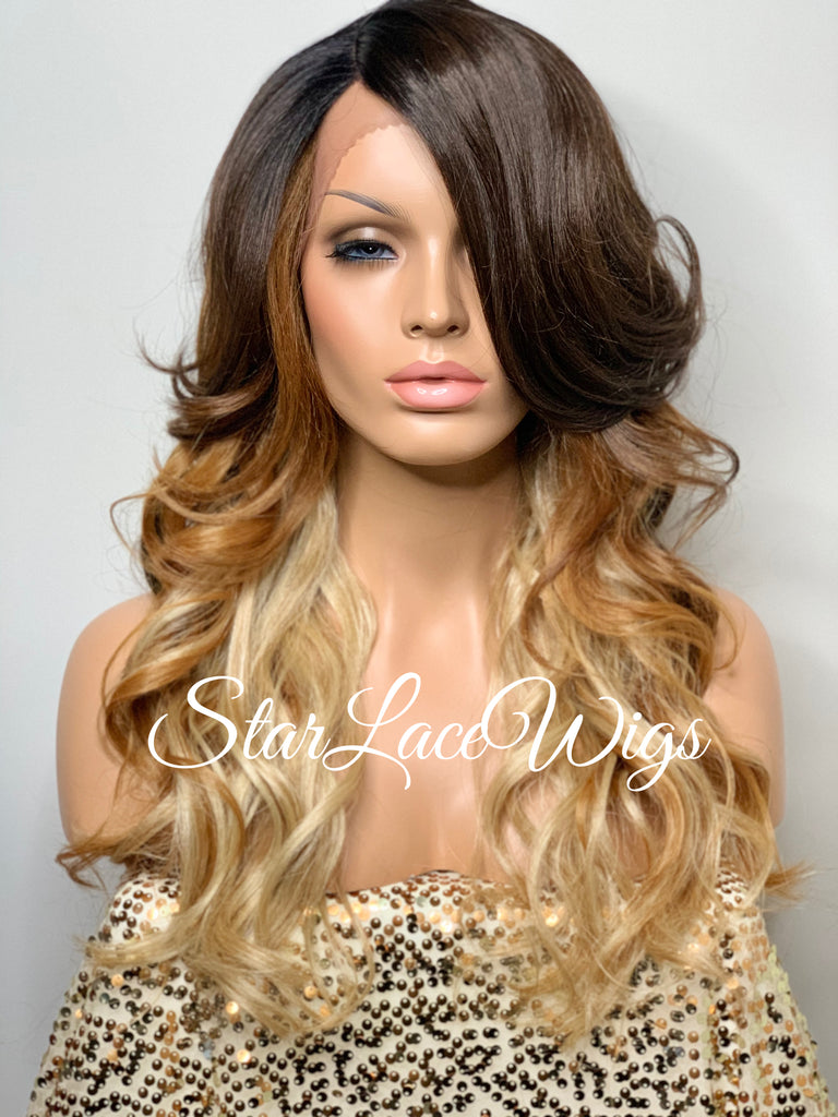 Long Wavy Brown Blonde Ombre Synthetic Lace Front Wig - Destinee