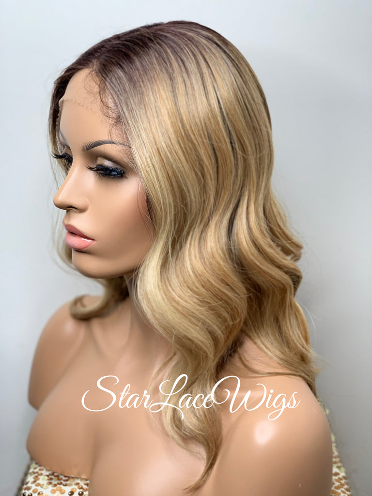 Lace Front Wig Bob Wavy Blonde Dark Roots Synthetic - Shelly