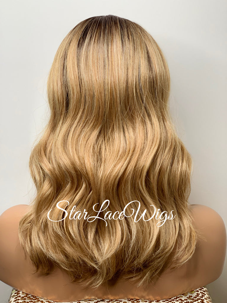 Lace Front Wig Bob Wavy Blonde Dark Roots Synthetic - Shelly