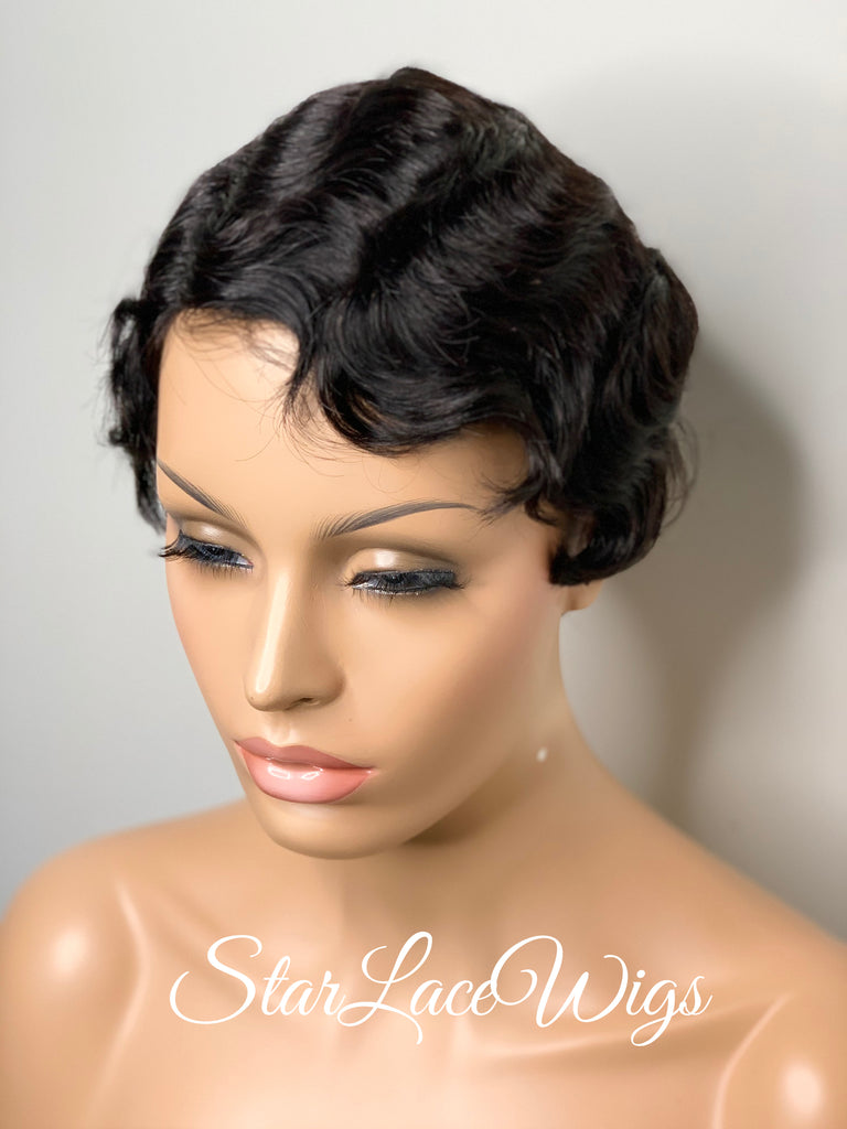 Short Curly Wig Human Hair Black Brown Side Part Wavy Finger Waves - Sylvia