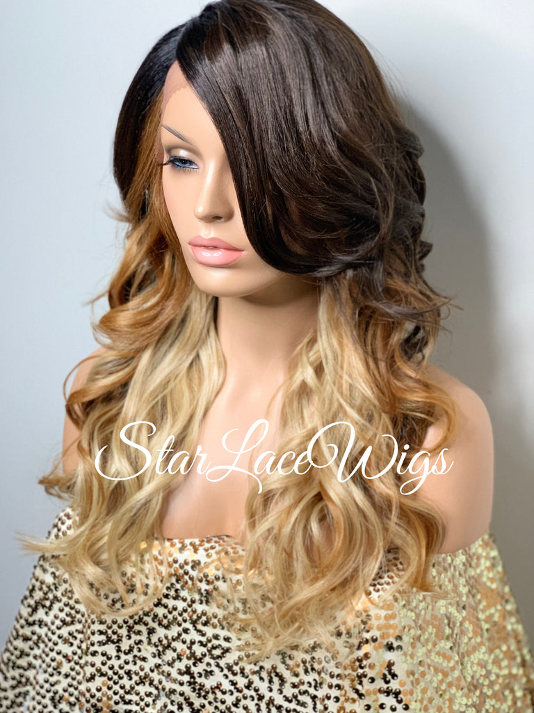 Long Wavy Brown Blonde Ombre Synthetic Lace Front Wig - Destinee