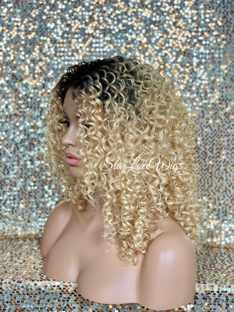 Synthetic Curly Full Wig Blonde Dark Roots Shoulder Length - Dina