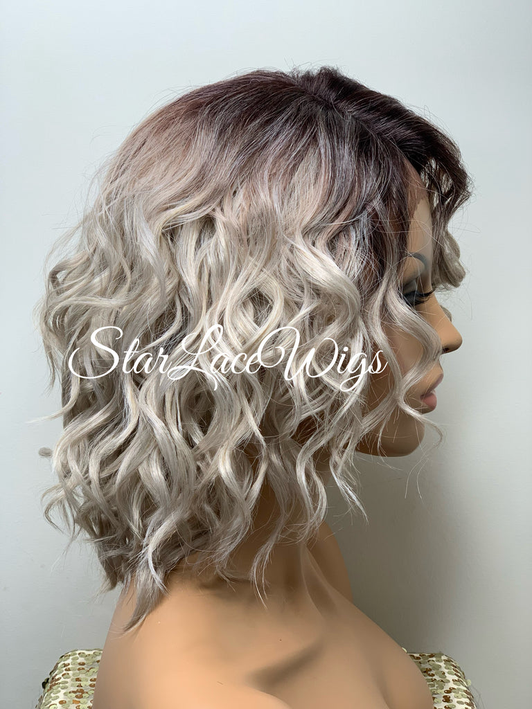 Lace Front Wig Short Wavy Ash Blonde Silver Synthetic Bob Brown Roots - Flavia
