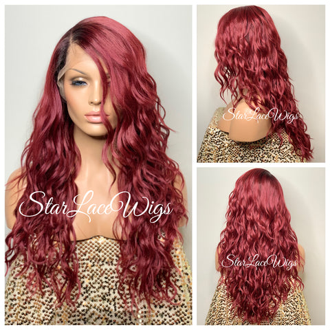 Short Curly Ombré Wig Layers Red Orange Burgundy Plum Bangs - Autumn