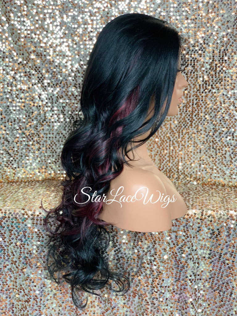 Long Loose Curls Lace Front Wig (6x13) Parting Space Black Burgundy - Dior