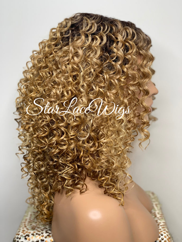 Synthetic Curly Full Wig Honey Blonde Dark Roots - Ada