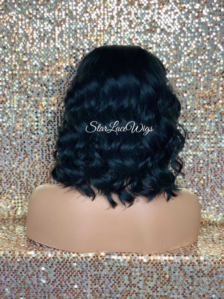 Short Wavy Black Dark Brown Lace Front Bob Wig (6x13) Parting Space - Lorena