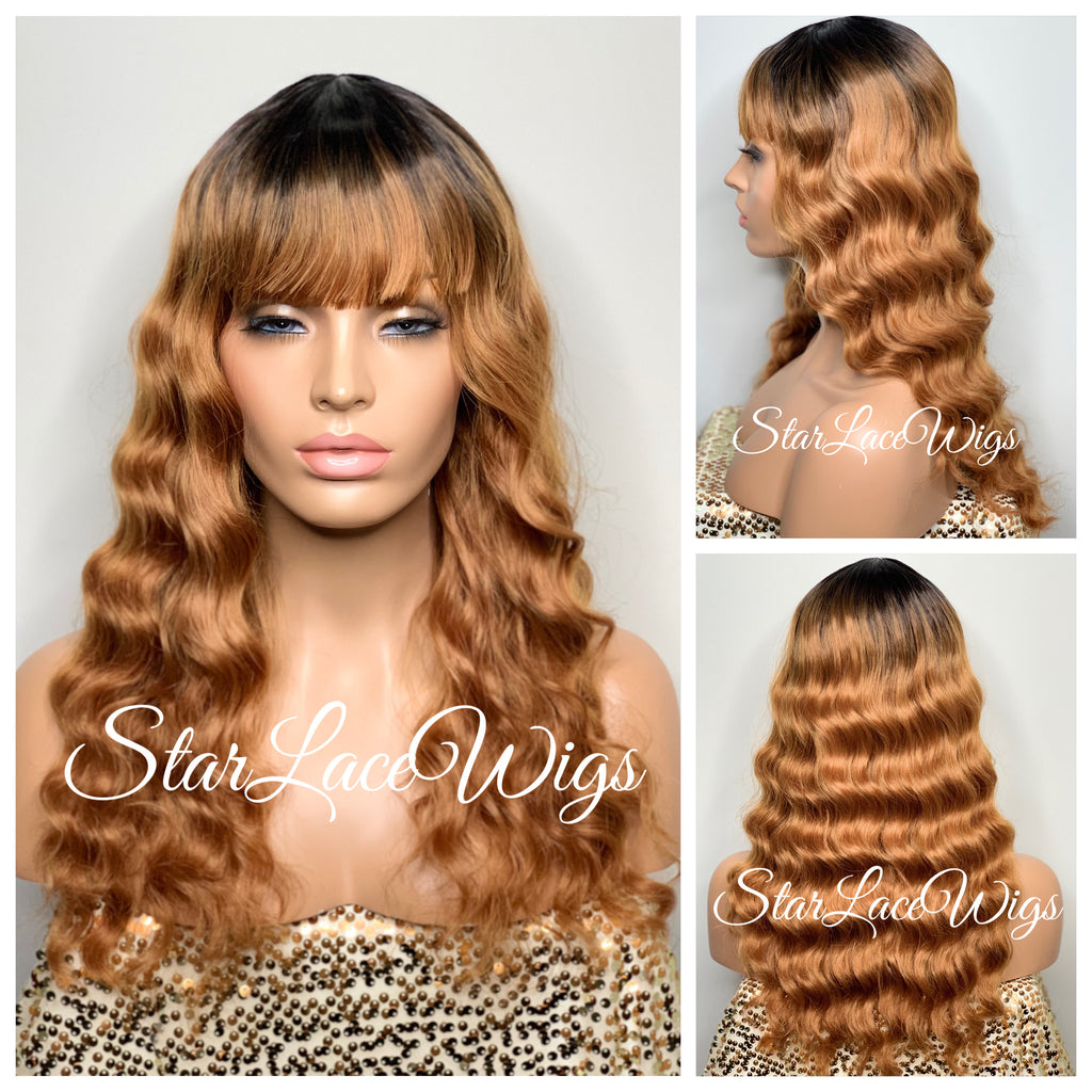 Long Wavy Strawberry Blonde Wig #27 Dark Roots With Chinese Bangs - Kimberly