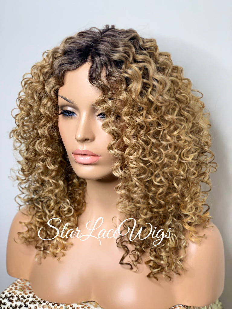 Synthetic Curly Full Wig Honey Blonde Dark Roots - Ada