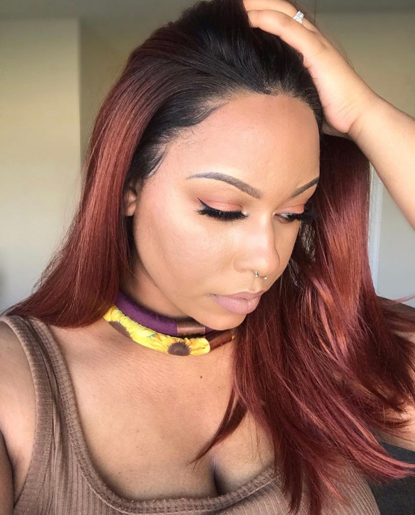 Long Straight Copper Auburn Dark Root Lace Front Wig (6x13) Parting Space - Victoria