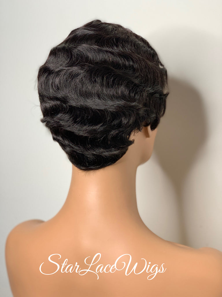 Short Curly Wig Human Hair Black Brown Side Part Wavy Finger Waves - Sylvia