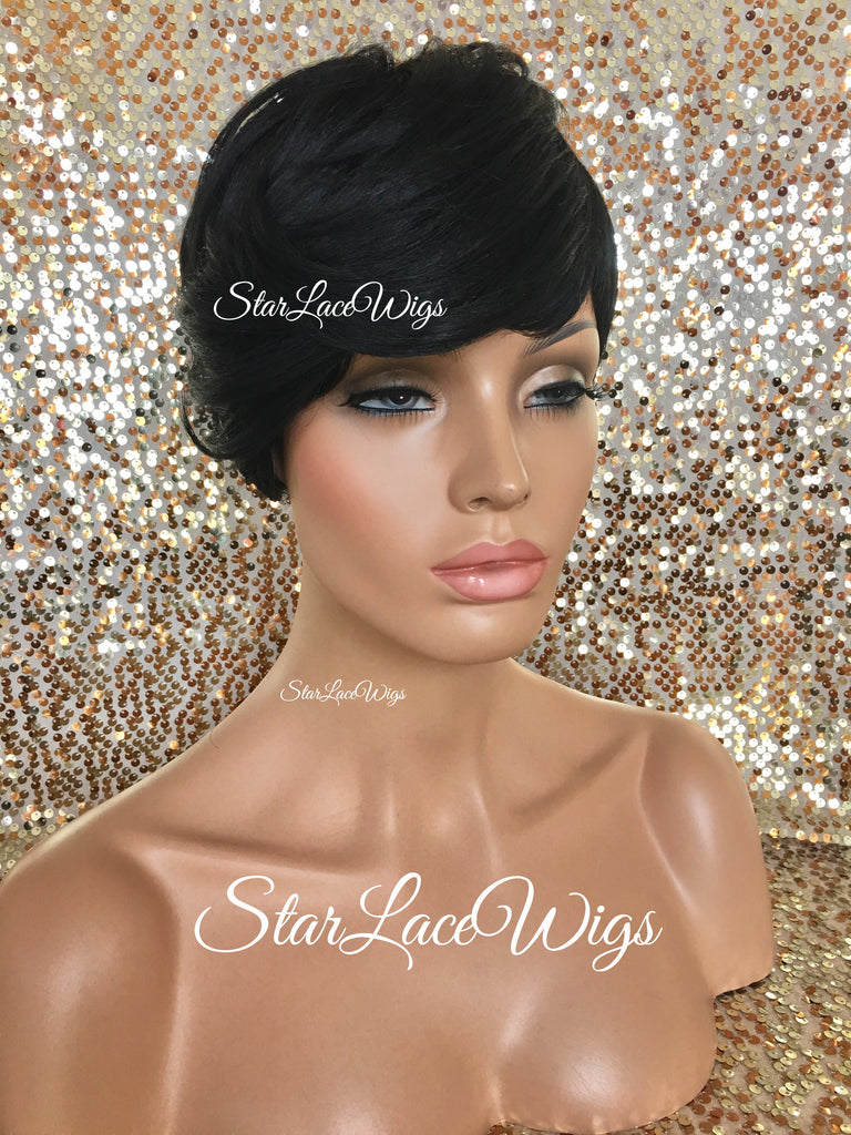 Short Synthetic Wig Black Pixie Bangs - Aubree