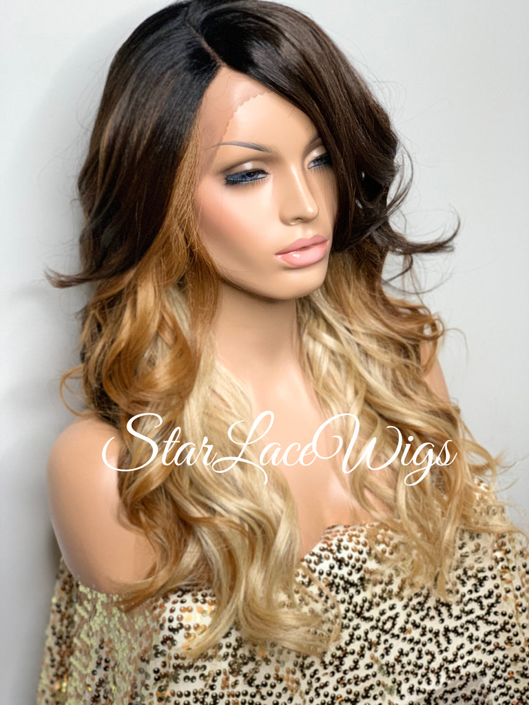 Long Wavy Brown Blonde Ombre Synthetic Lace Front Wig - Destinee