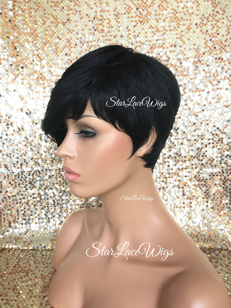 Short Synthetic Wig Black Pixie Bangs - Aubree