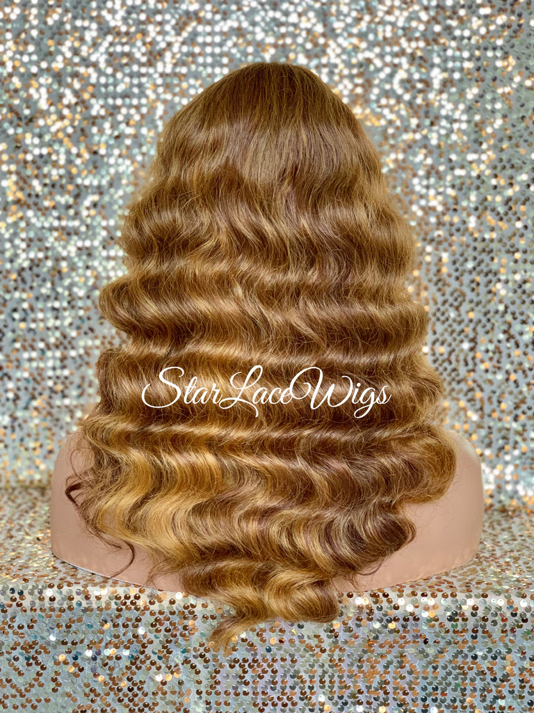 Long Light Golden Brown Body Wave Wig Middle Part Synthetic - DeeDee
