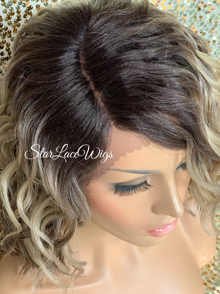 Lace Front Wig Short Wavy Ash Blonde Synthetic Bob Brown Roots - Cina