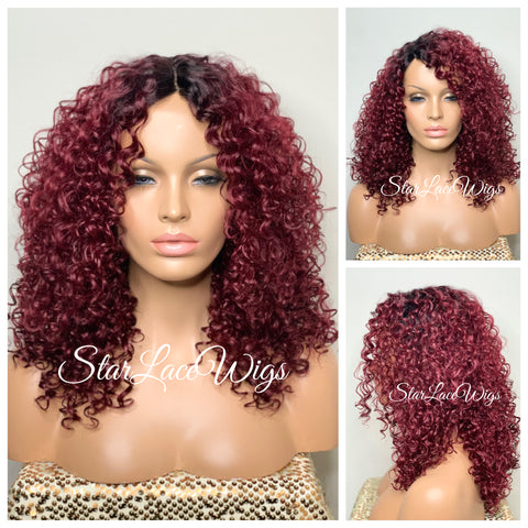 Short Curly Ombré Wig Layers Red Orange Burgundy Plum Bangs - Autumn