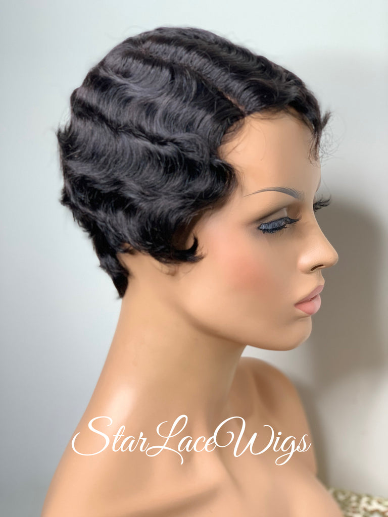 Short Curly Wig Human Hair Black Brown Side Part Wavy Finger Waves - Sylvia