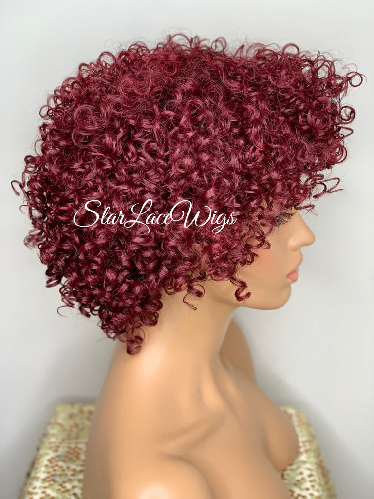 Short Curly Wig Layers Burgundy Bangs - Justina