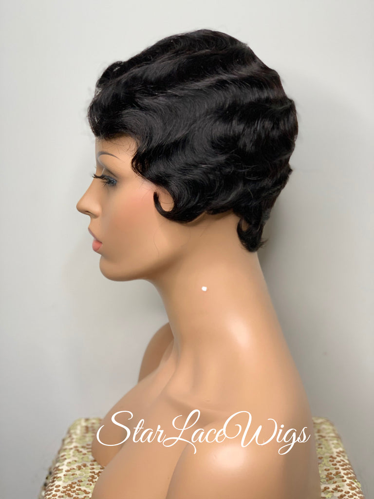 Short Curly Wig Human Hair Black Brown Side Part Wavy Finger Waves - Sylvia