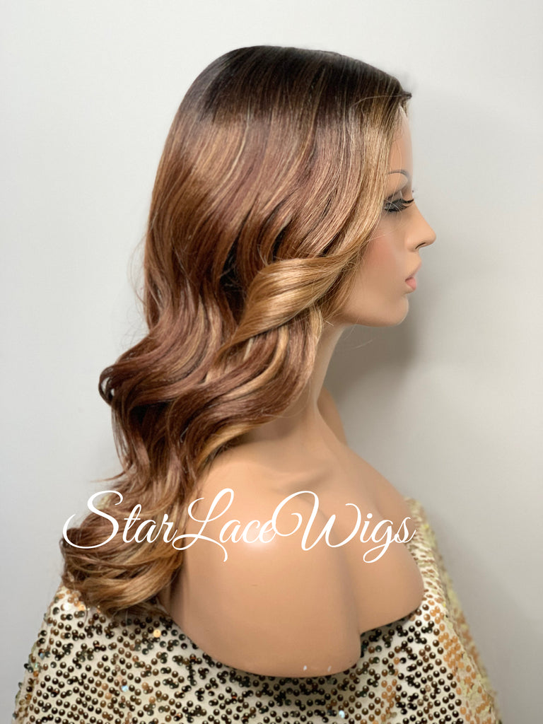 Long Loose Curly Wig Honey Blonde Strawberry Blonde Dark Roots Middle Part Synthetic - Selina