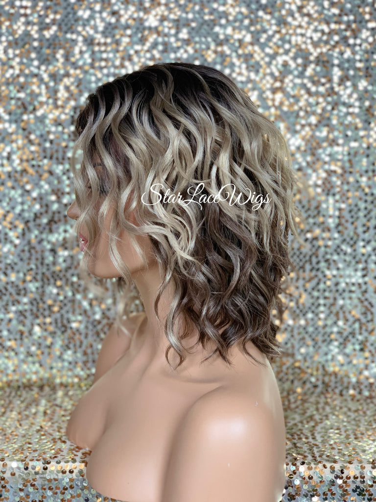 Lace Front Wig Short Wavy Ash Blonde Synthetic Bob Brown Roots - Cina