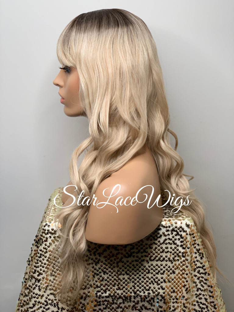 Long Full Wig Synthetic Wavy Blonde Dark Roots Middle Part Bangs - Millie