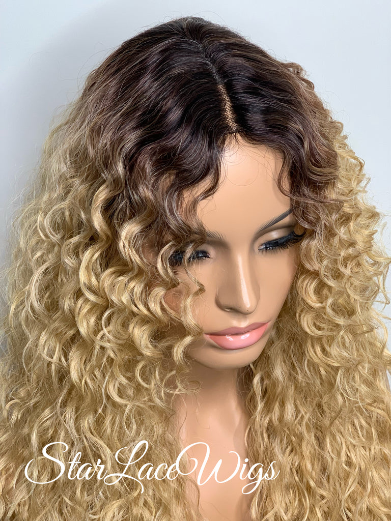 Long Full Wig Synthetic Curly Golden Blonde Dark Roots Middle Part Bangs - Harley