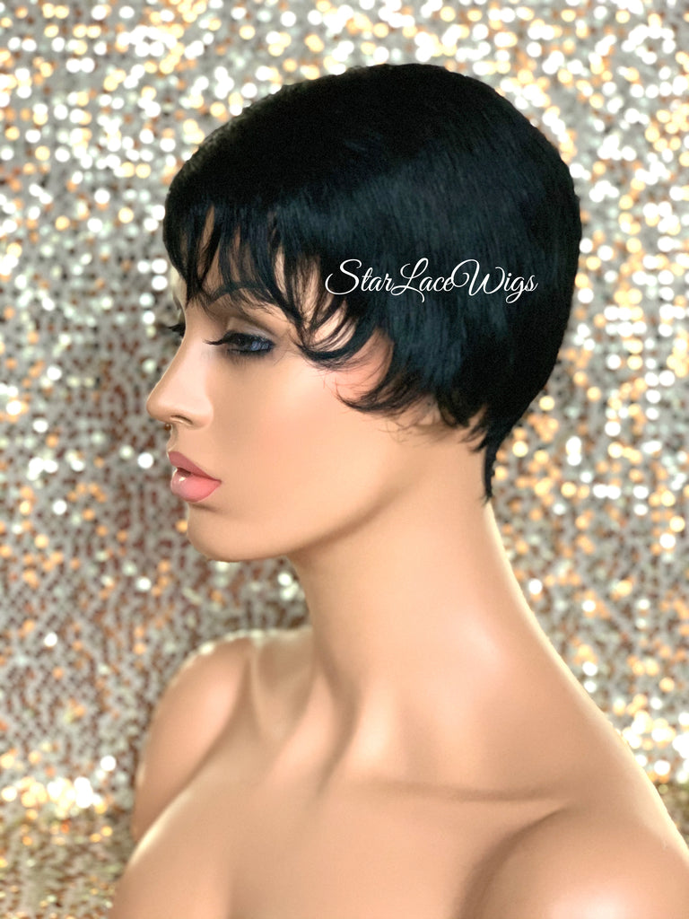 Short Synthetic Wig Black Pixie Bangs - Stacy