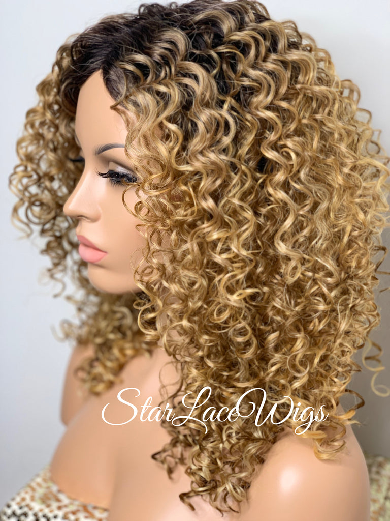 Synthetic Curly Full Wig Honey Blonde Dark Roots - Ada