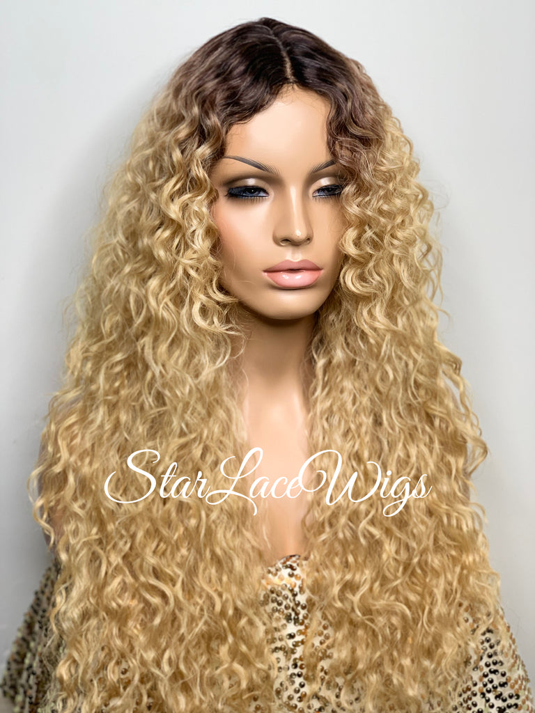 Long Full Wig Synthetic Curly Golden Blonde Dark Roots Middle Part Bangs - Harley