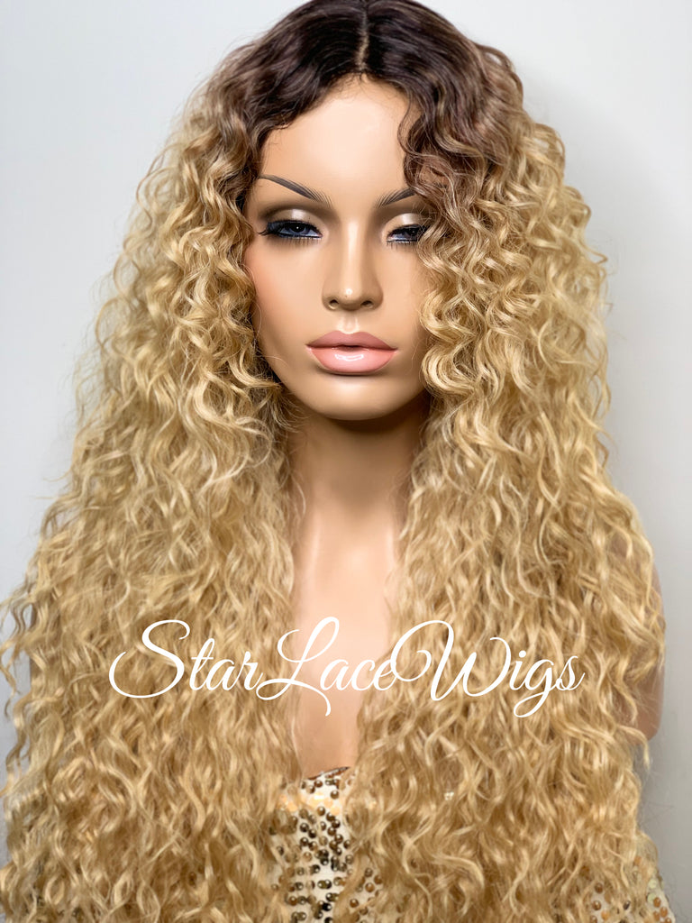 Long Full Wig Synthetic Curly Golden Blonde Dark Roots Middle Part Bangs - Harley